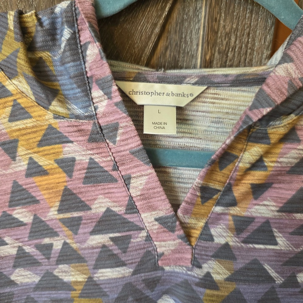 Christopher & Banks Shirt Women's Size L Multi Colored Geometric Hooded Pullover - Picture 3 of 6